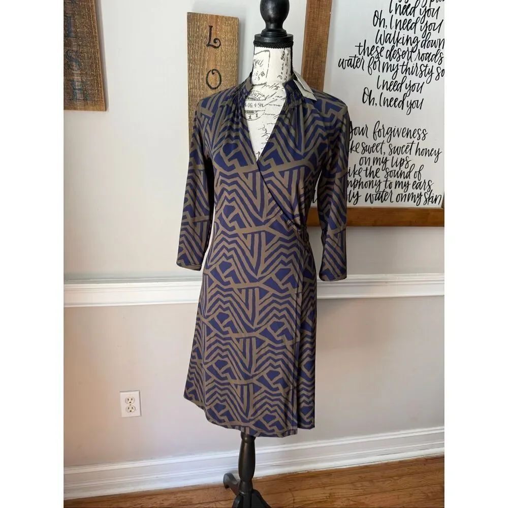NWT Ellie Kai Women's Geometric 3/4 Sleeve V-Neck Wrap Dress Blue Gray Size 2XS